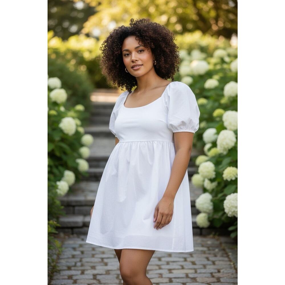 NWT Eloquii Mini Dress White Milkmaid Puff Sleeve Babydoll Event Plus Size 20